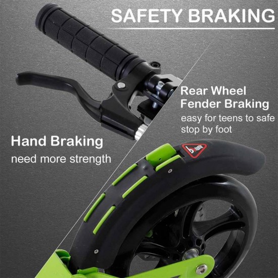 Reiten Teens Adult Kick Scooter Fold Adjust 14+ with Rear Wheel & Hand Brake - Green
