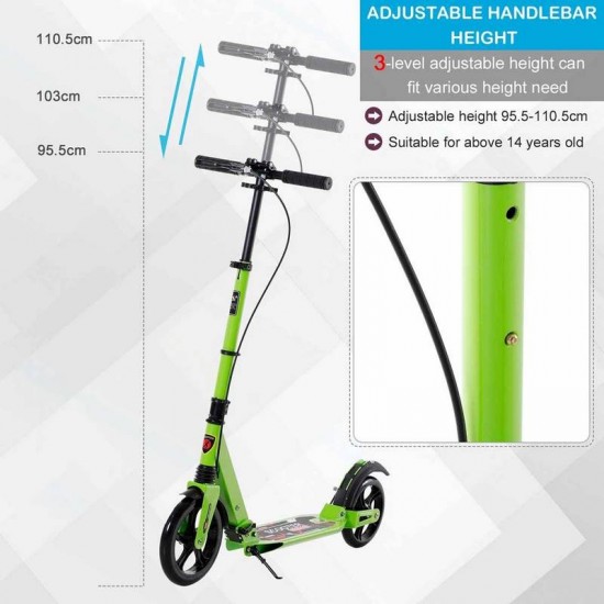 Reiten Teens Adult Kick Scooter Fold Adjust 14+ with Rear Wheel & Hand Brake - Green