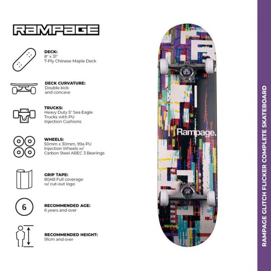 Rampage Glitch Flicker Complete Skateboard - Multi 8